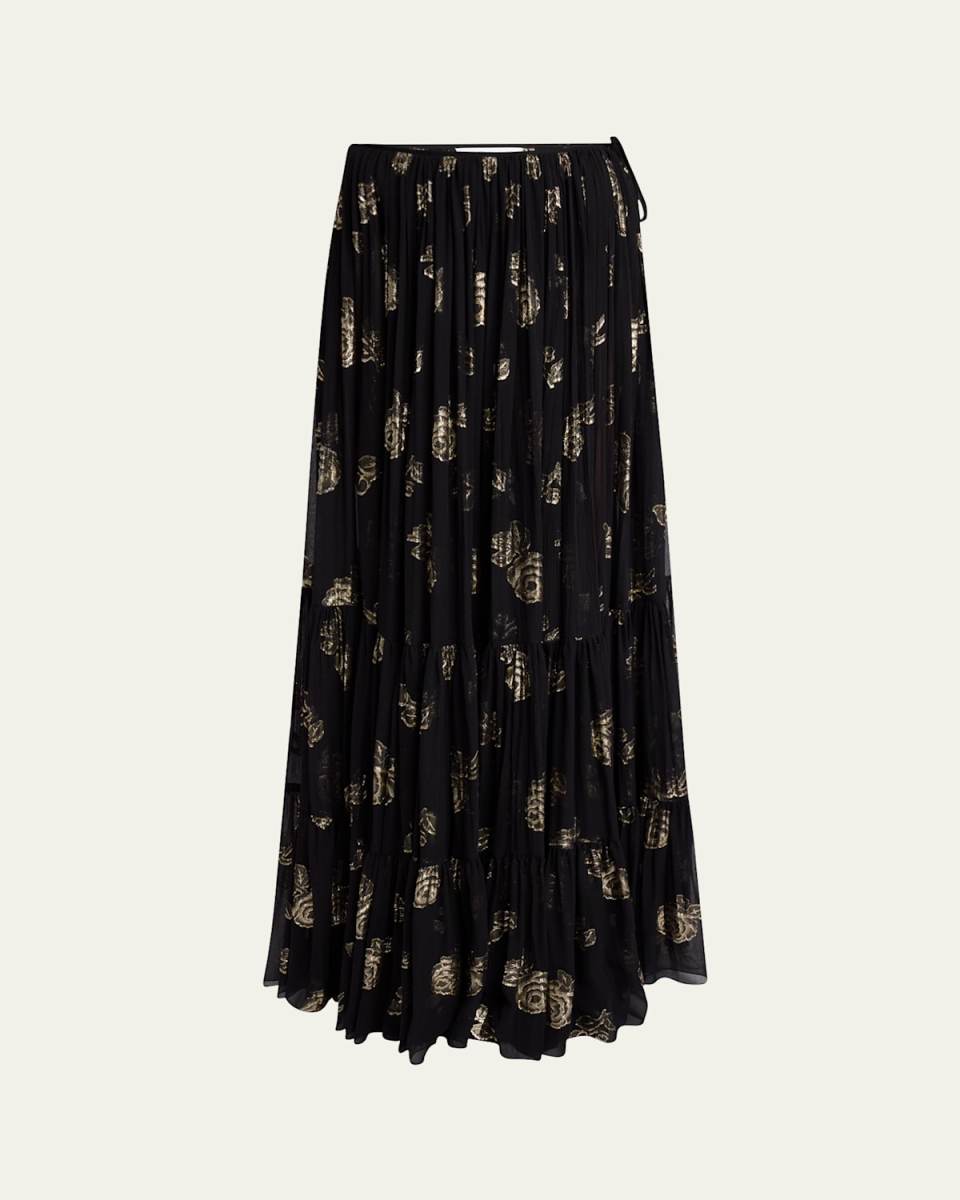 Long Metallic Roses Lacquard Skirt
